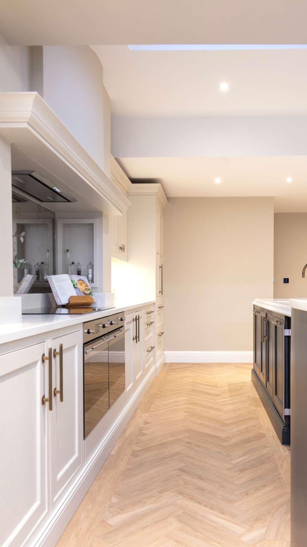 Straight view of gallery area within open plan kitchen.