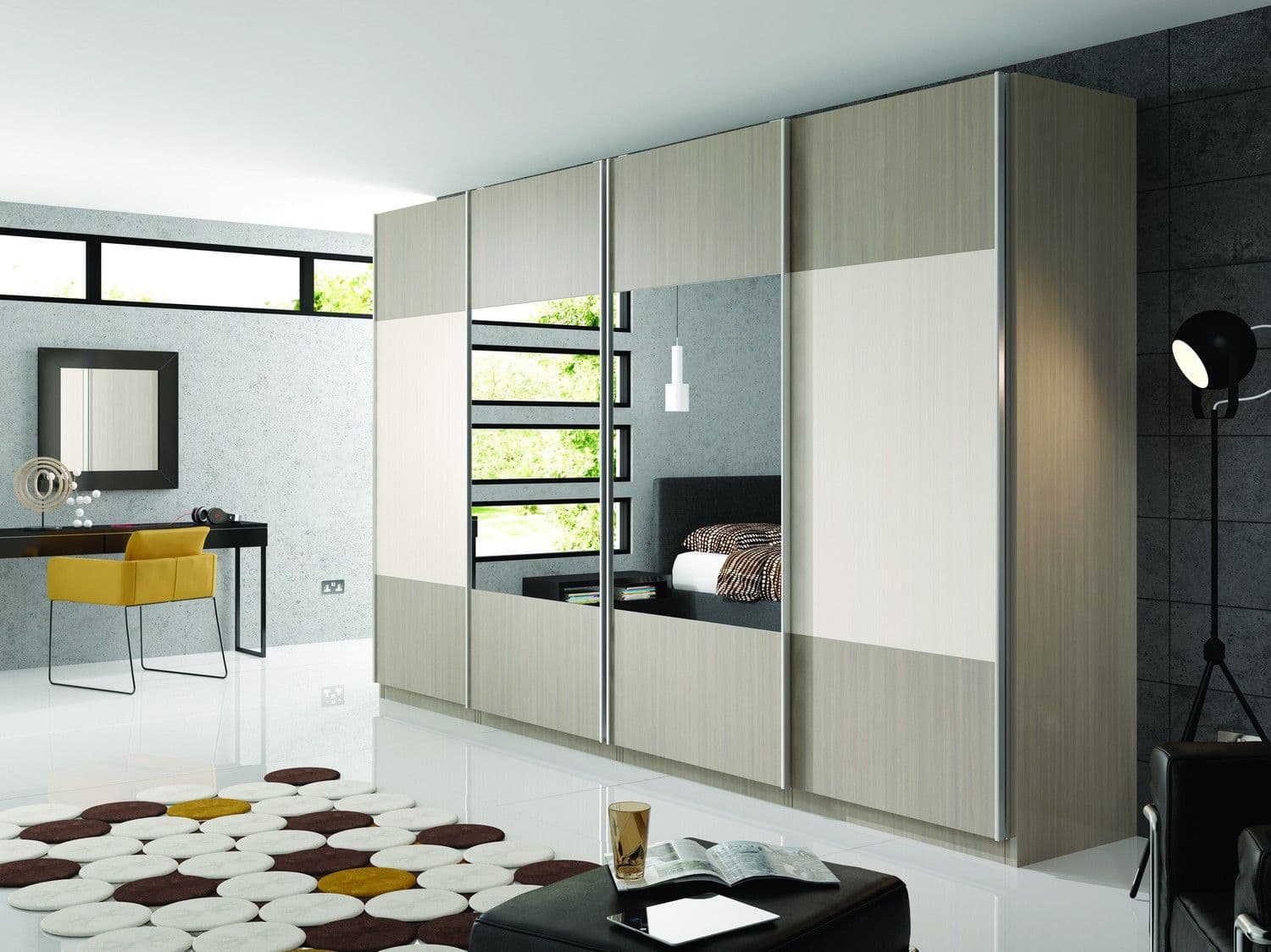 Large freestanding sliding door system with dual style doors including dual mirrored doors. This wardrobe system was designed for a new build property in Ormskirk.