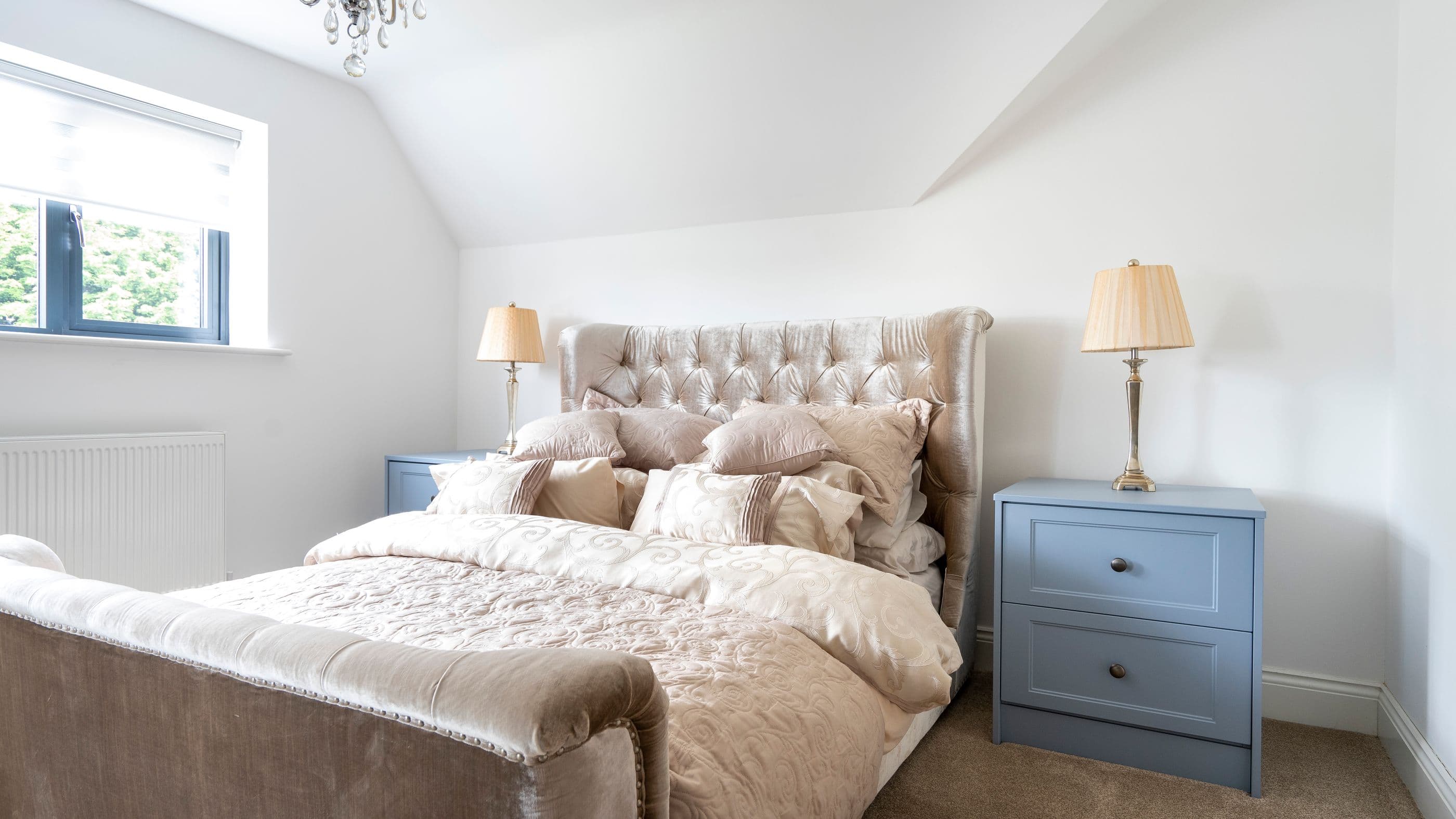 Blue shaker bedside tables.