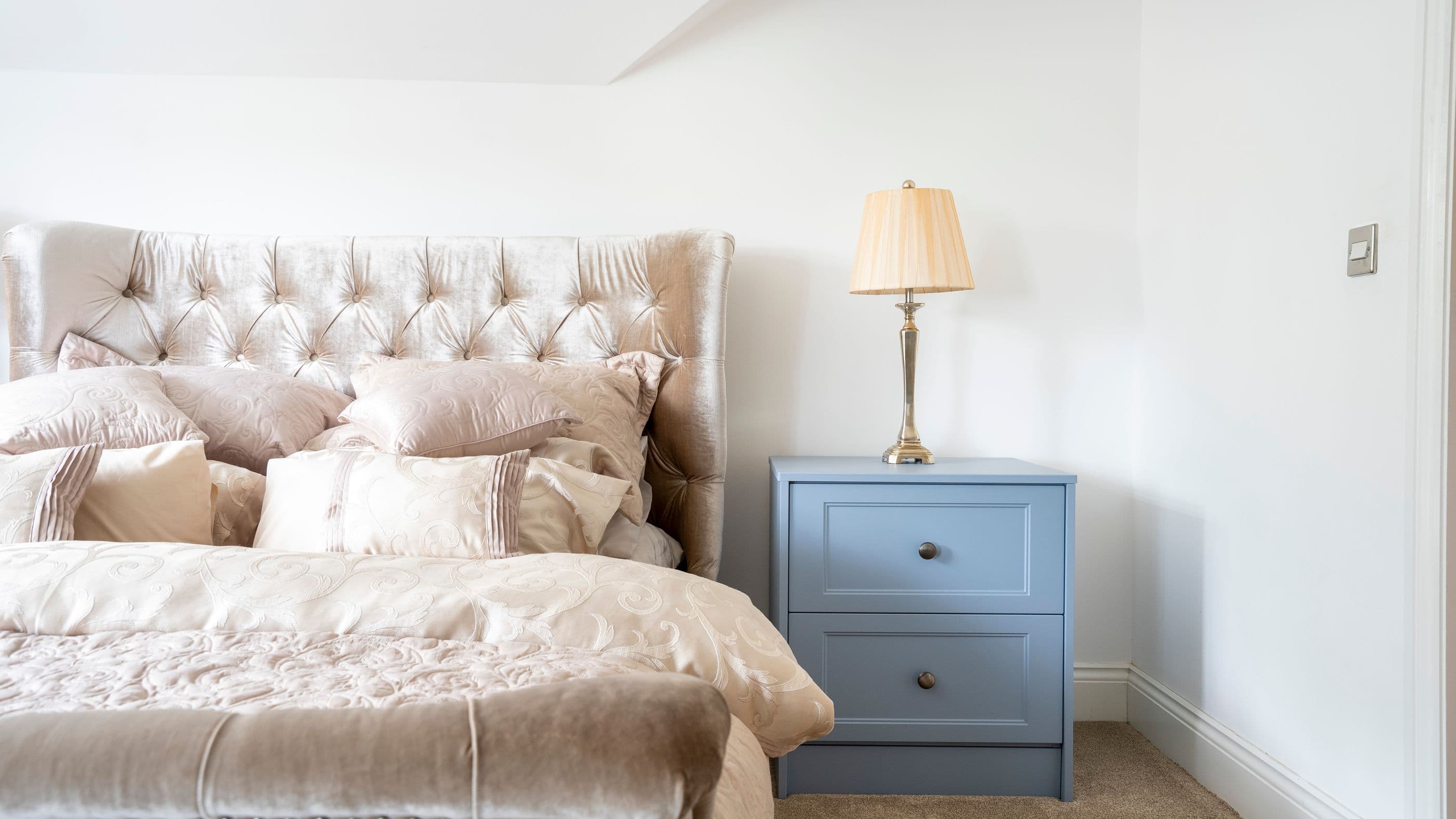 Straight on view of the blue shaker bedside tables in Liverpool.