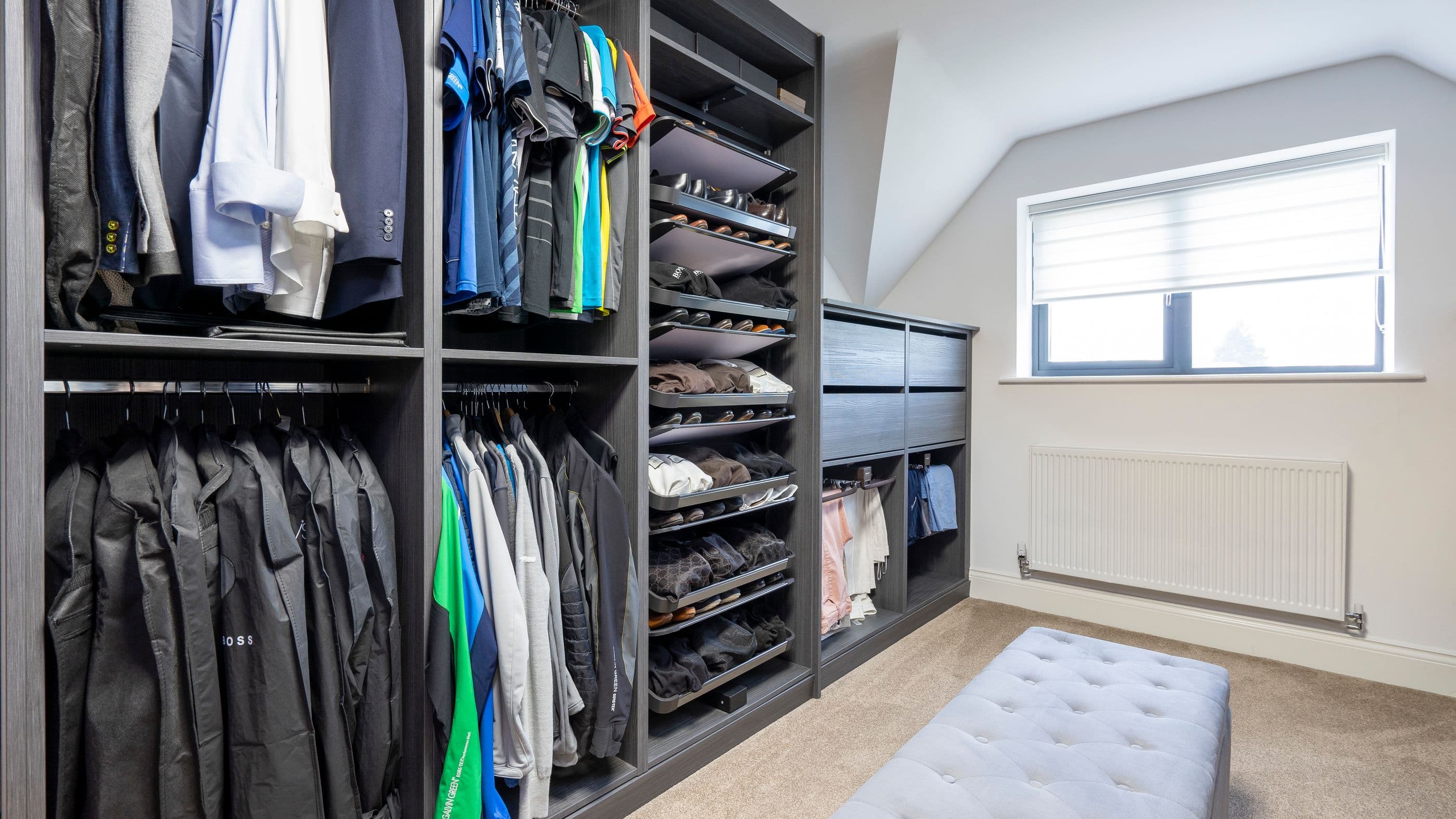Lots of space for hanging suits, trousers, drawers and pull out shoe racks.