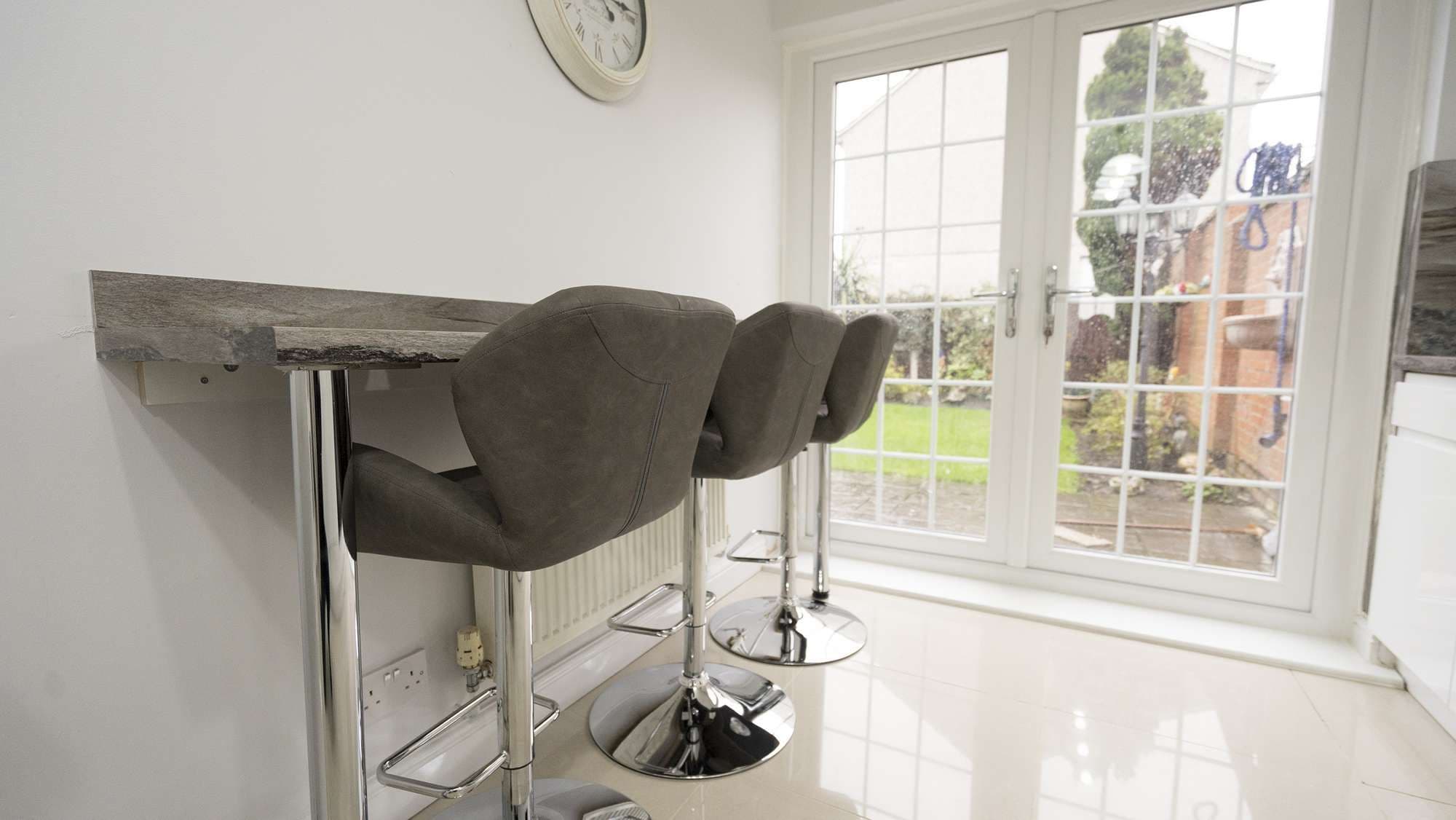 Close up of the custom seating area in this newly refurbished kitchen, Liverpool.