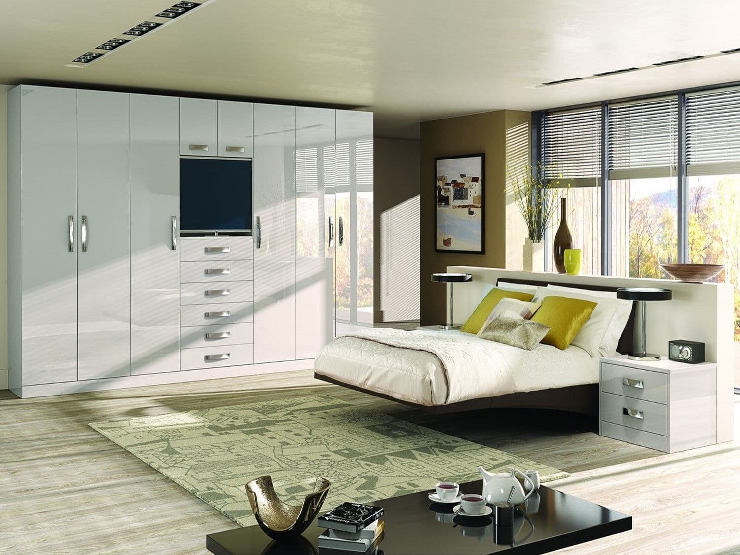 White gloss wardrobes with integrated TV