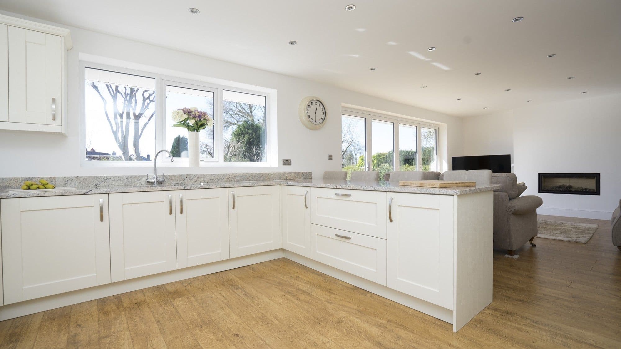 Internal shot of the kitchen units in Ivory with matching plinths, kick-boards and end panels.
