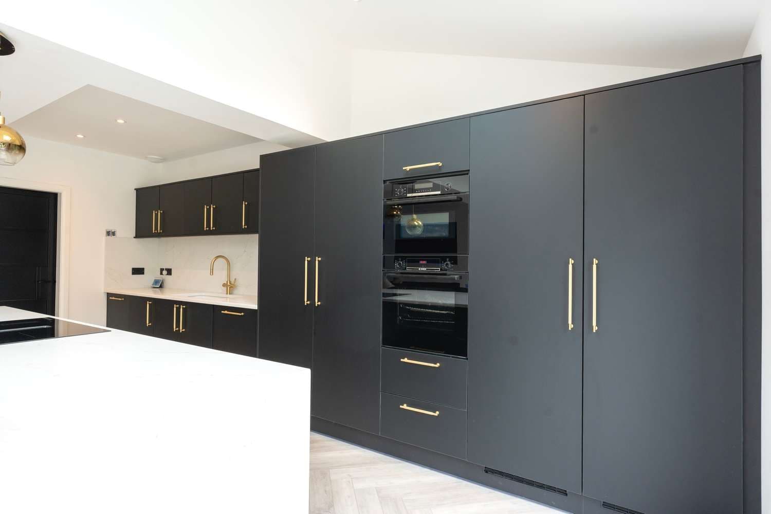 Floor to ceiling matt kitchen cupboards Liverpool.