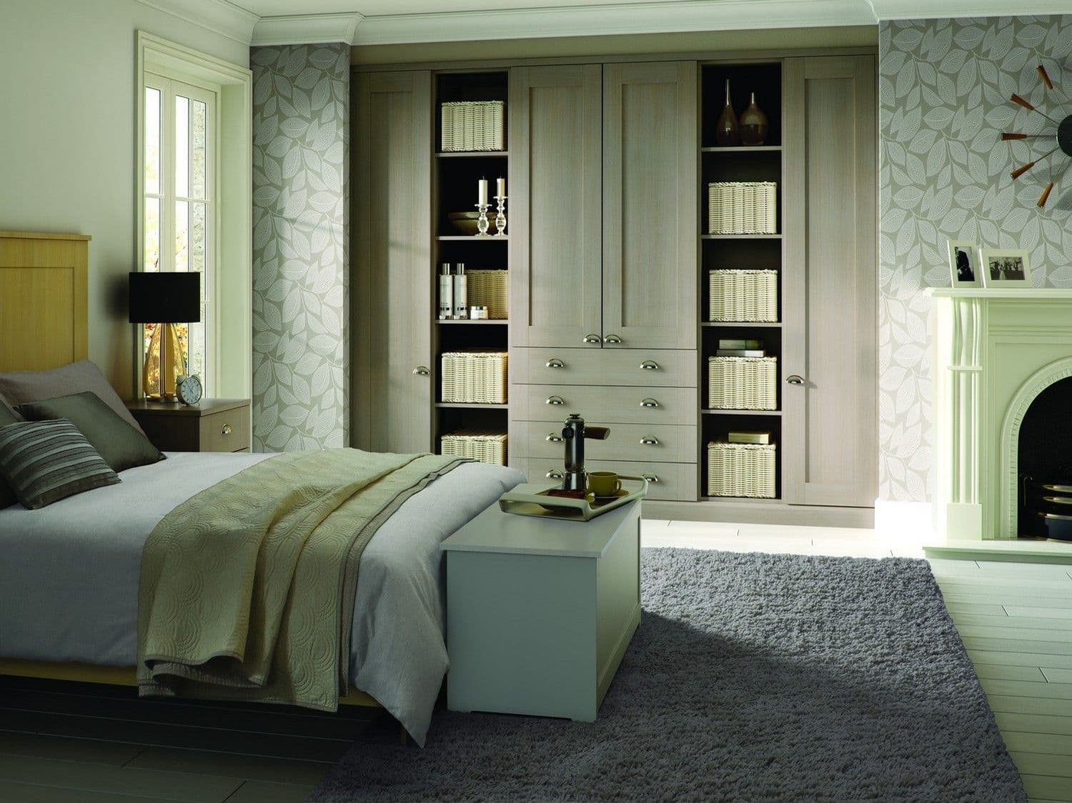 Stone shaker wardrobes with open shelving