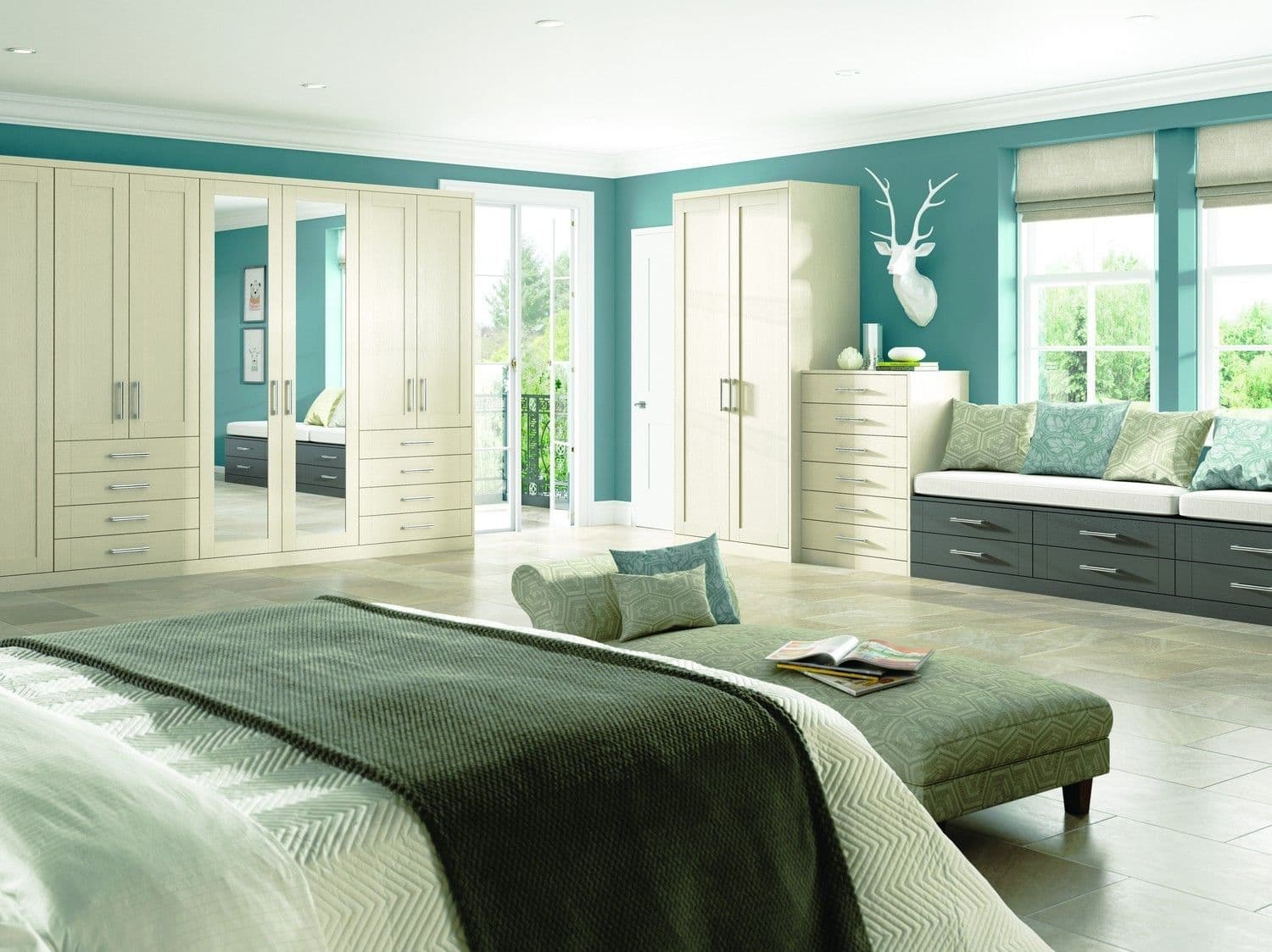Cream fitted wardrobes with window seat