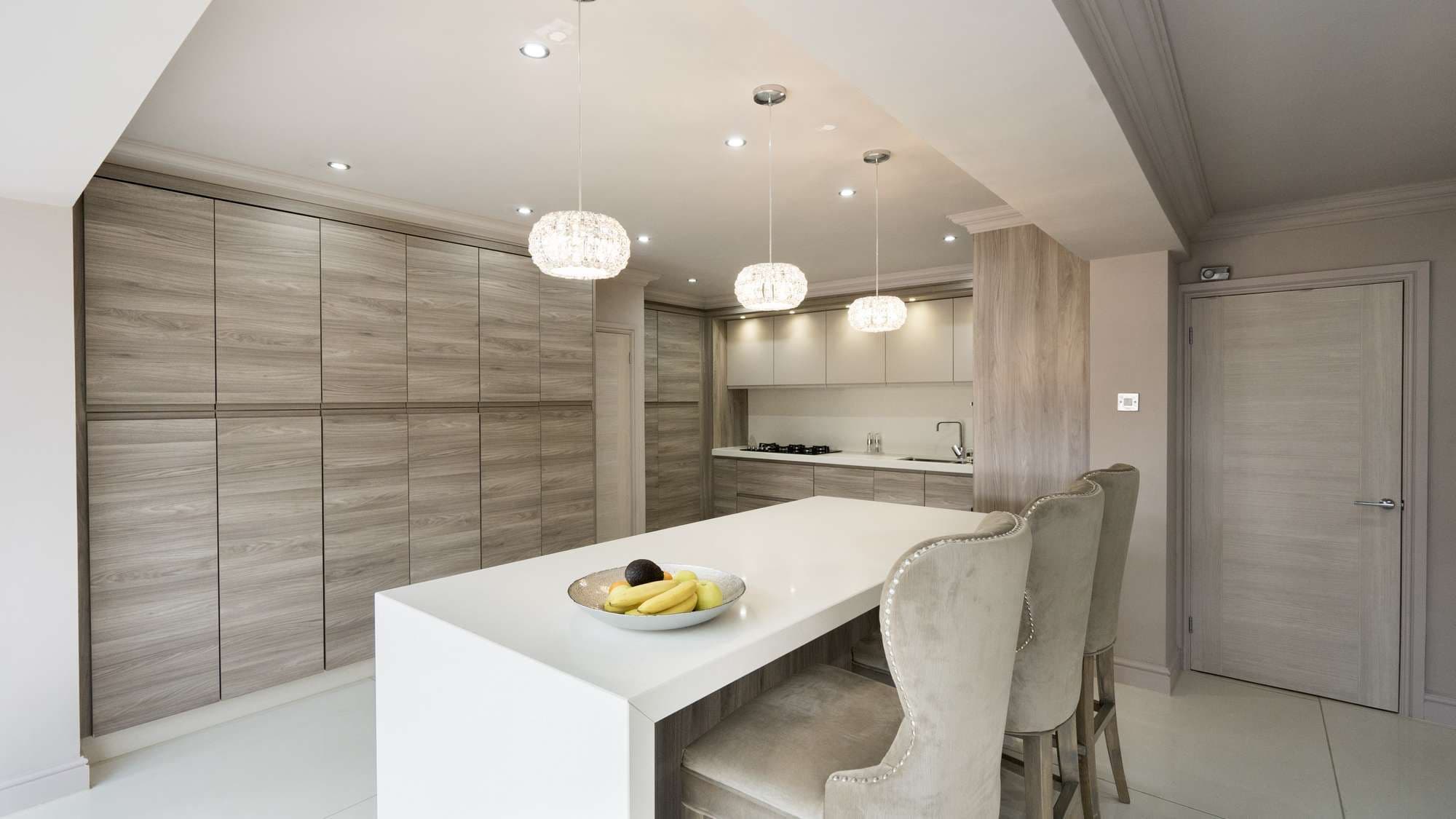 Another view of this kitchen in Liverpool showing the stunning lighting scheme and internal joinery.
