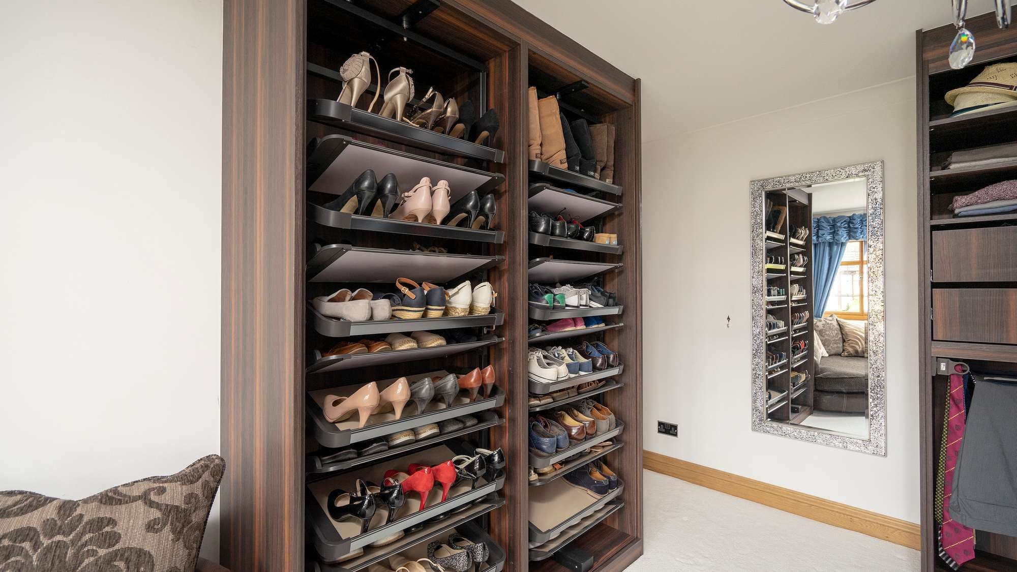 Close up of the rotating shoe racks.
